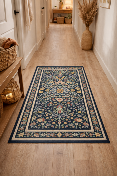 Drom Pamuk Dokuma Taban Kaymaz Şönil Makinede Yıkanabilir Etnik Eskitme Desenli Mavi Çerçeveli Salon Yatak Odası Mutfak Koridor Yolluk Halı