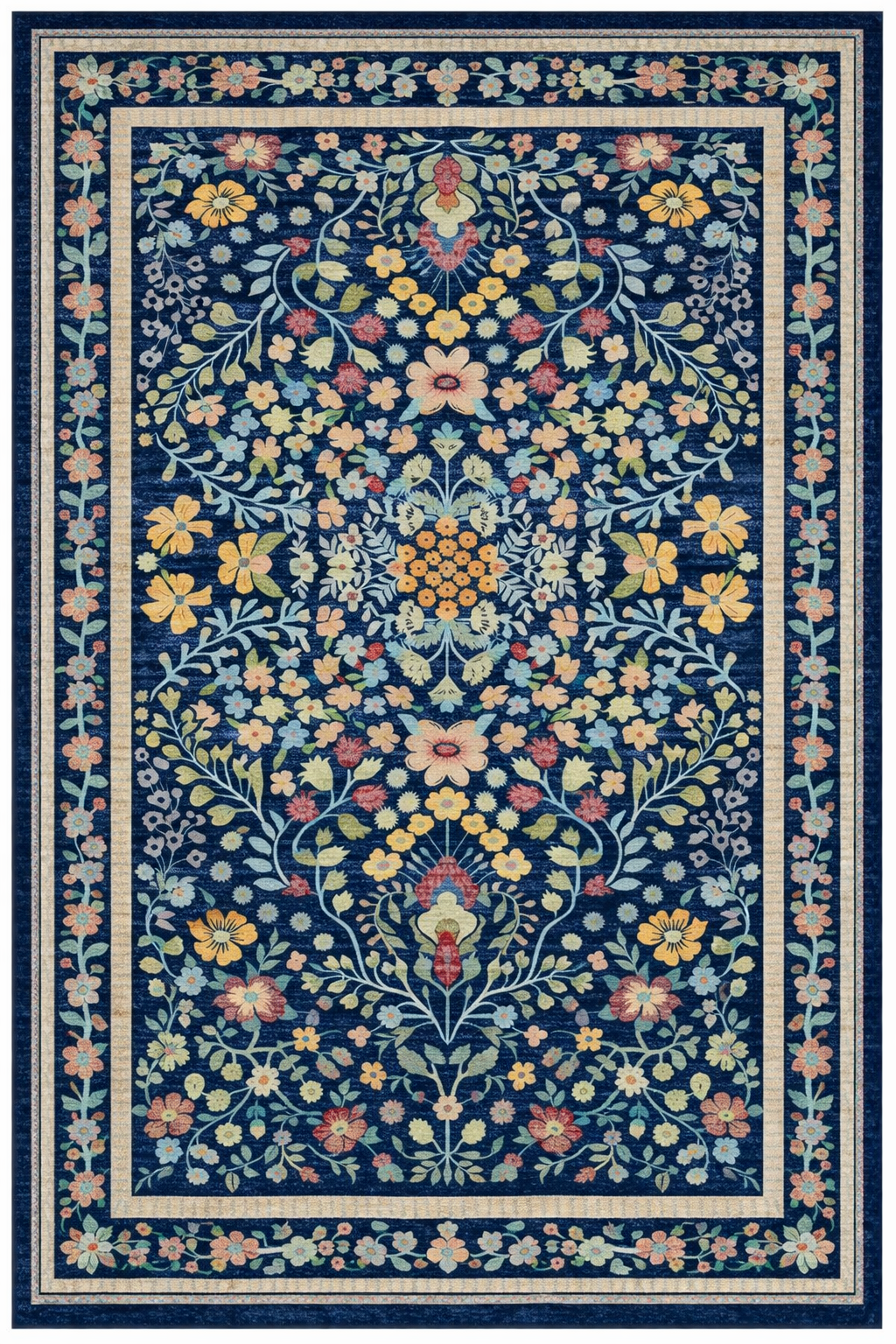 Drom Pamuk Dokuma Taban Kaymaz Şönil Makinede Yıkanabilir Etnik Eskitme Desenli Mavi Çerçeveli Salon Yatak Odası Mutfak Koridor Yolluk Halı