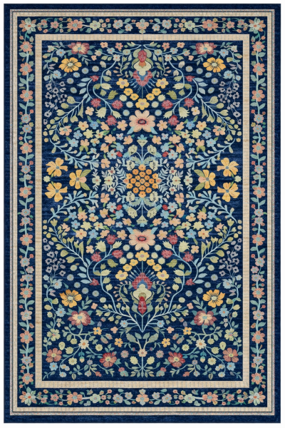 Drom Pamuk Dokuma Taban Kaymaz Şönil Makinede Yıkanabilir Etnik Eskitme Desenli Mavi Çerçeveli Salon Yatak Odası Mutfak Koridor Yolluk Halı