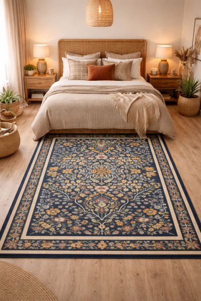 Drom Pamuk Dokuma Taban Kaymaz Şönil Makinede Yıkanabilir Etnik Eskitme Desenli Mavi Çerçeveli Salon Yatak Odası Mutfak Koridor Yolluk Halı