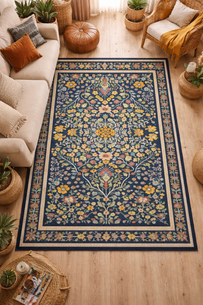 Drom Pamuk Dokuma Taban Kaymaz Şönil Makinede Yıkanabilir Etnik Eskitme Desenli Mavi Çerçeveli Salon Yatak Odası Mutfak Koridor Yolluk Halı