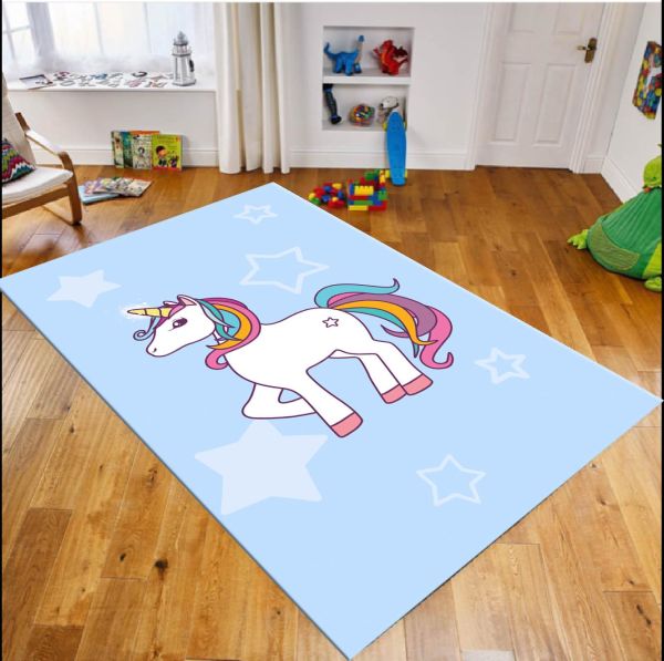 Cino 74 Mavi Beyaz Unicorn Kız Çocuk Odası Halı Bebek Oyun Halısı