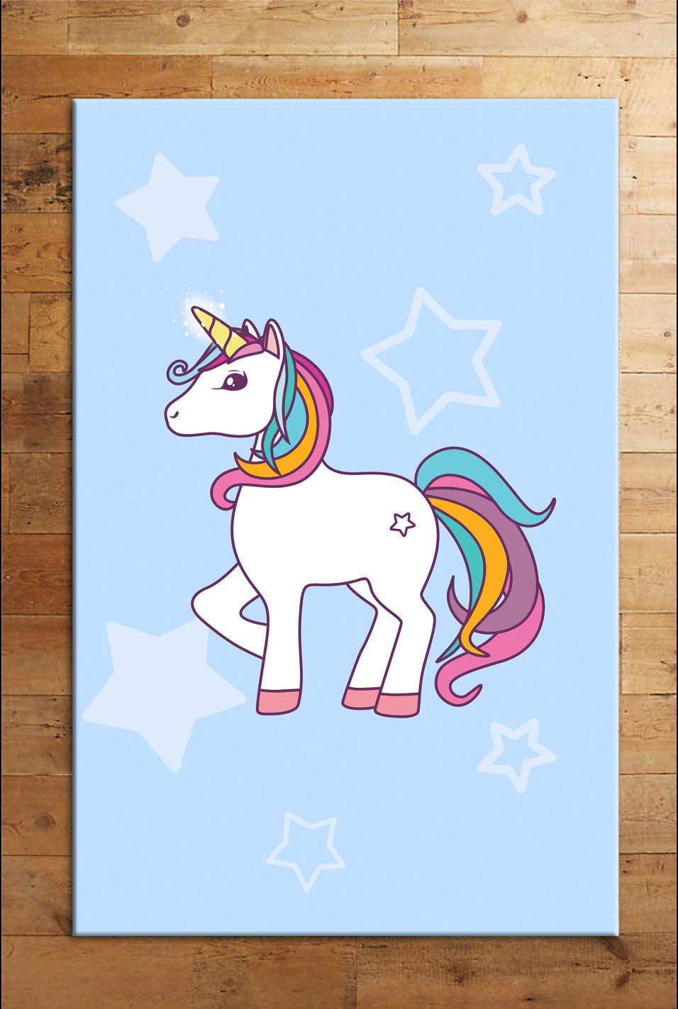 Cino 74 Mavi Beyaz Unicorn Kız Çocuk Odası Halı Bebek Oyun Halısı