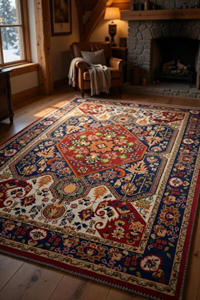 Drom Pamuk Dokuma Taban Kaymaz Şönil Makinede Yıkanabilir Etnik Eskitme Desenli Çerçeveli Salon Yatak Odası Mutfak Koridor Yolluk Halı