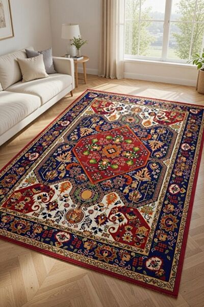 Drom Pamuk Dokuma Taban Kaymaz Şönil Makinede Yıkanabilir Etnik Eskitme Desenli Çerçeveli Salon Yatak Odası Mutfak Koridor Yolluk Halı