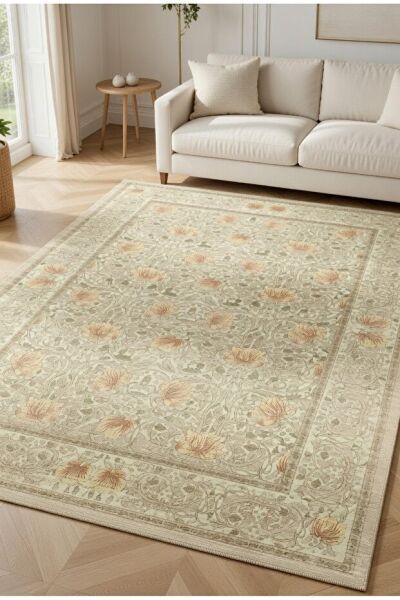 Drom Pamuk Dokuma Taban Kaymaz Şönil Makinede Yıkanabilir Etnik Eskitme Desenli Yeşil Minimal Çiçekli Salon Yatak Odası Mutfak Koridor Yolluk Halı