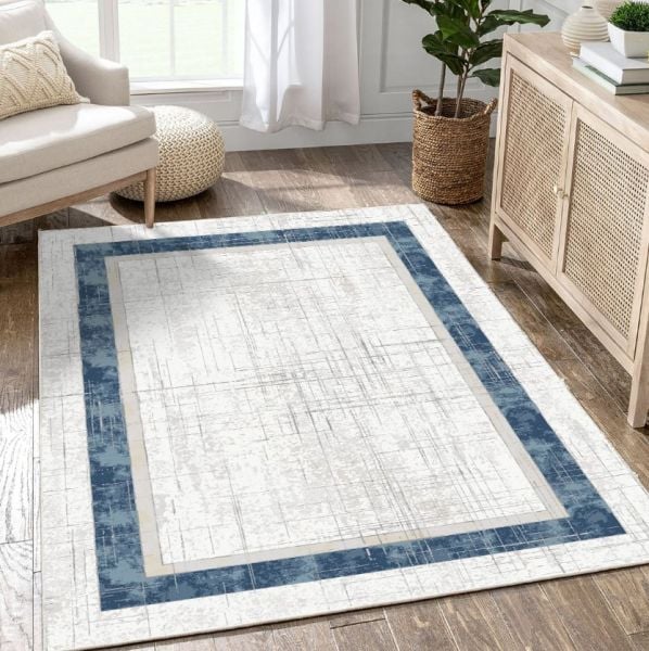 Crea Halı AKİK - 4160MV Akrilik Dokuma Çerçeveli Gri Mavi Modern Salon Halısı My Crea Home