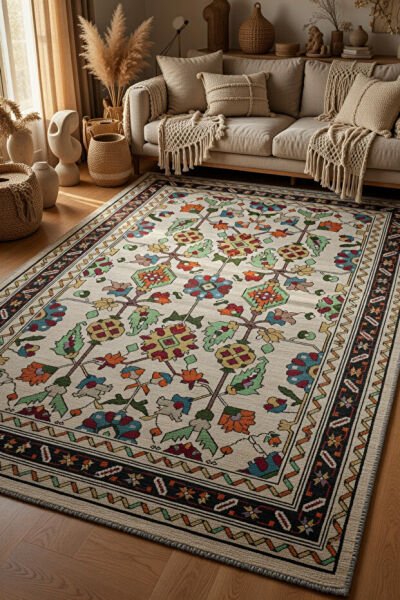 Drom Pamuk Dokuma Taban Kaymaz Şönil Makinede Yıkanabilir Etnik Çerçeveli Salon Yatak Odası Mutfak Koridor Yolluk Halı