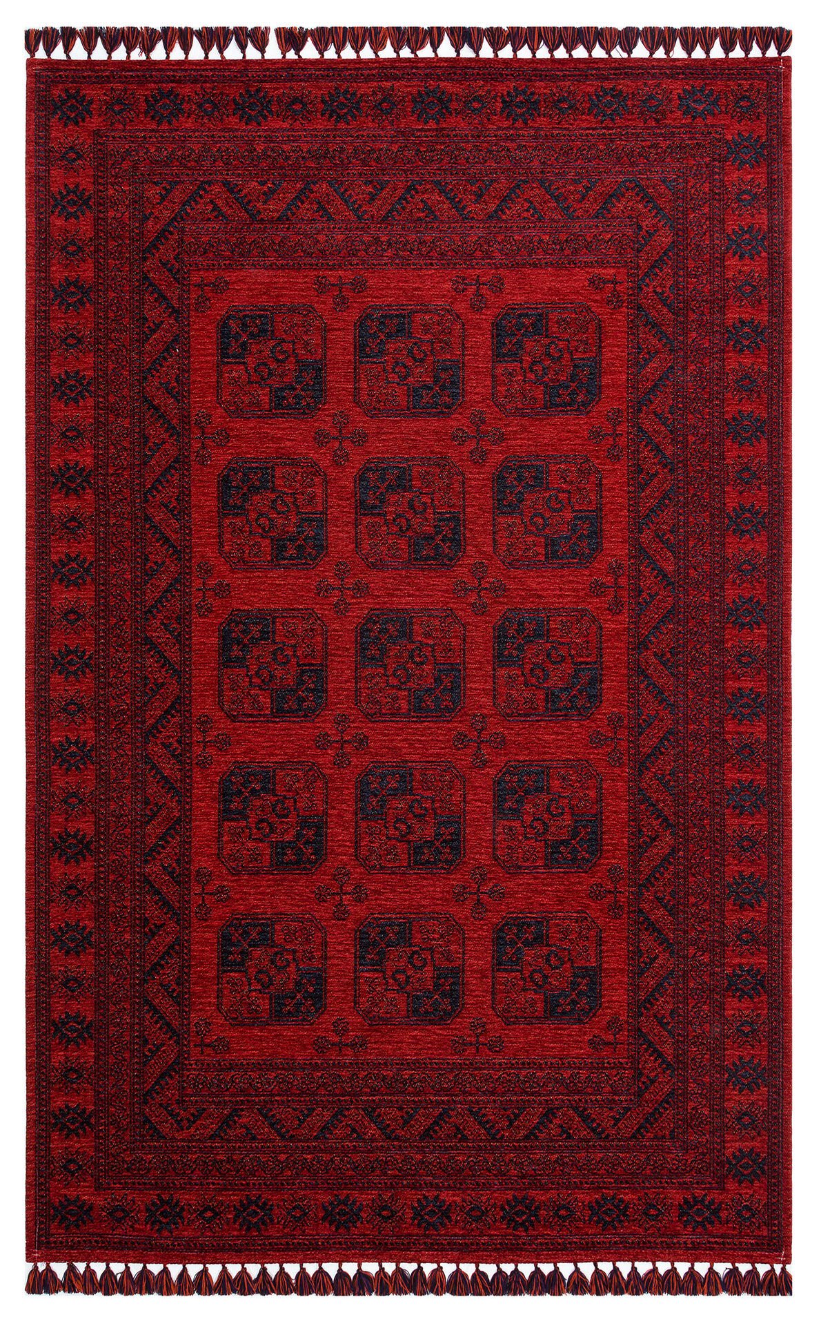 Eko Halı Buhari BHR 01 Red Afgan Desenli Akrilik Şönil Hav Toz Vermez Etnik Modern Halı