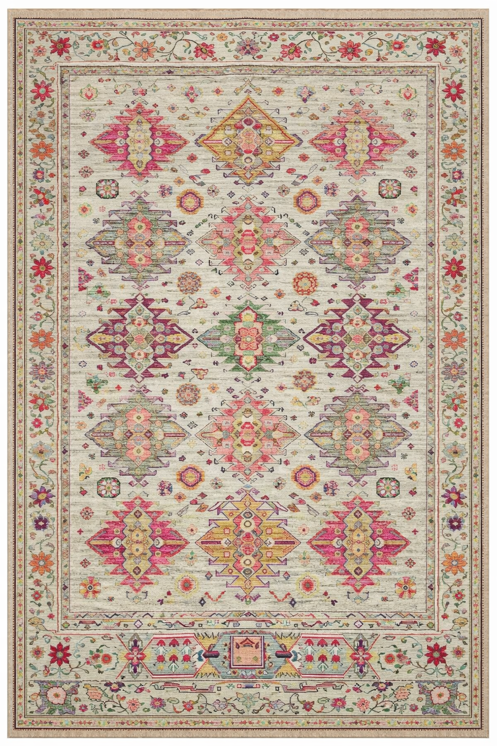 Drom Pamuk Dokuma Taban Kaymaz Şönil Makinede Yıkanabilir Etnik Çerçeveli Eskitme Çiçek Desenli Salon Yatak Odası Mutfak Koridor Yolluk Halı