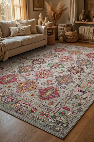 Drom Pamuk Dokuma Taban Kaymaz Şönil Makinede Yıkanabilir Etnik Çerçeveli Eskitme Çiçek Desenli Salon Yatak Odası Mutfak Koridor Yolluk Halı