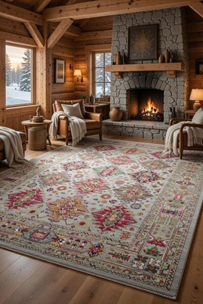 Drom Pamuk Dokuma Taban Kaymaz Şönil Makinede Yıkanabilir Etnik Çerçeveli Eskitme Çiçek Desenli Salon Yatak Odası Mutfak Koridor Yolluk Halı