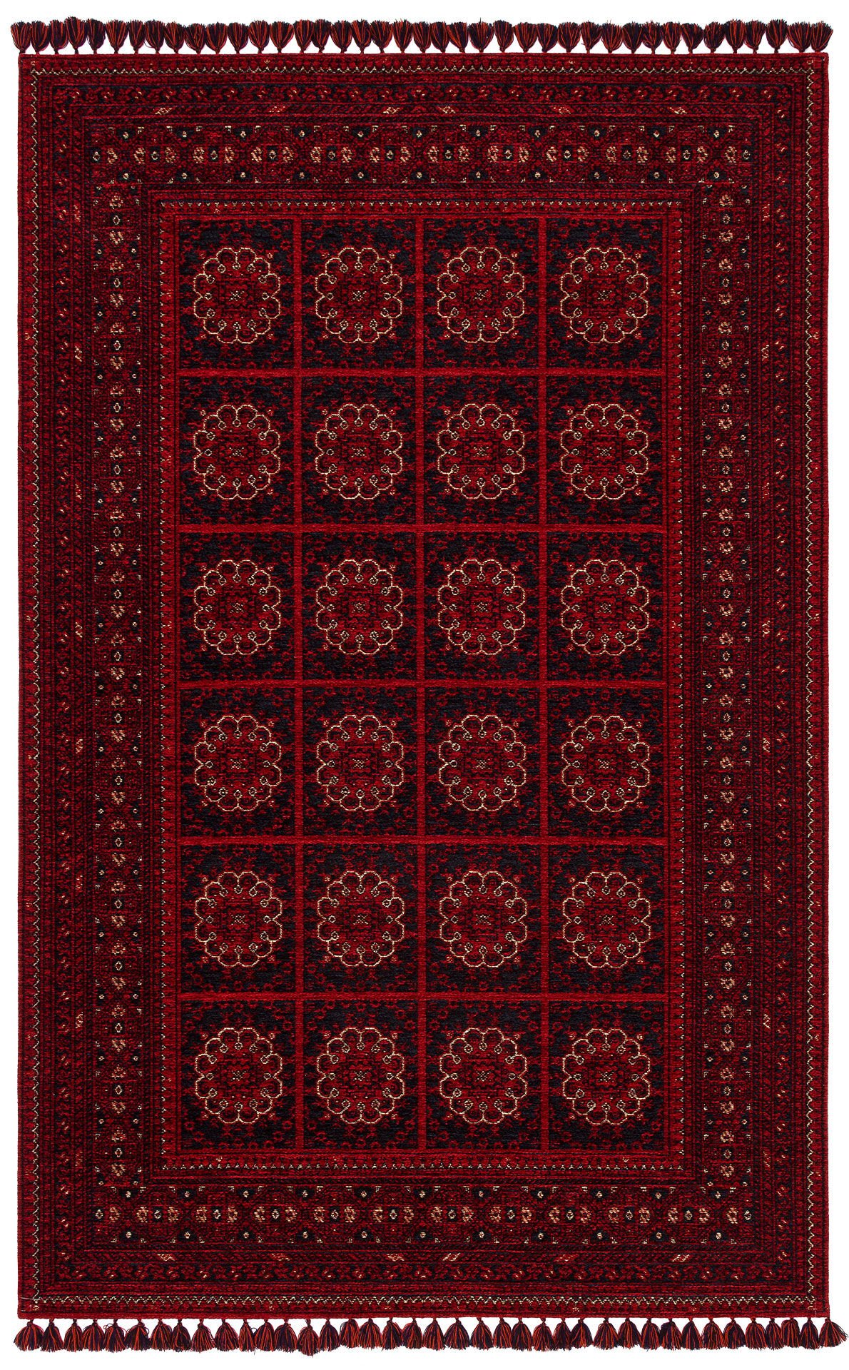 Eko Halı Buhari BHR 03 Red Afgan Desenli Akrilik Şönil Hav Toz Vermez Etnik Modern Halı