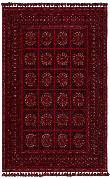 Eko Halı Buhari BHR 03 Red Afgan Desenli Akrilik Şönil Hav Toz Vermez Etnik Modern Halı