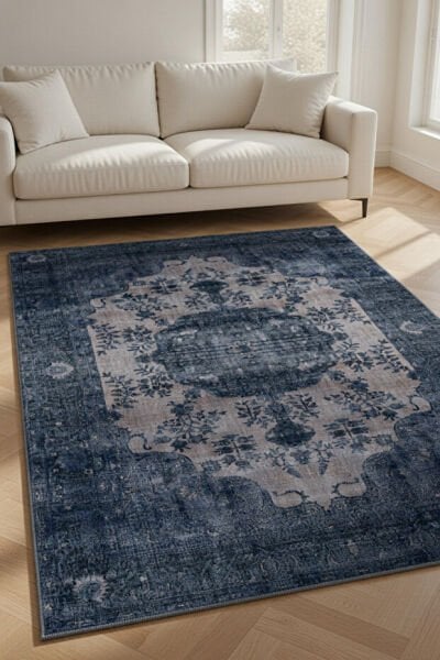 Drom Pamuk Dokuma Taban Kaymaz Şönil Makinede Yıkanabilir Lacivert Etnik Vintage  Salon Yatak Odası Mutfak Koridor Yolluk Halı