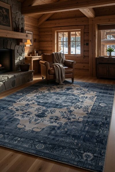 Drom Pamuk Dokuma Taban Kaymaz Şönil Makinede Yıkanabilir Lacivert Etnik Vintage  Salon Yatak Odası Mutfak Koridor Yolluk Halı