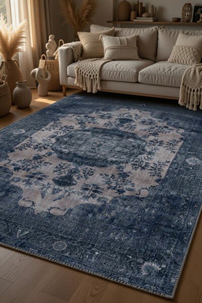 Drom Pamuk Dokuma Taban Kaymaz Şönil Makinede Yıkanabilir Lacivert Etnik Vintage  Salon Yatak Odası Mutfak Koridor Yolluk Halı
