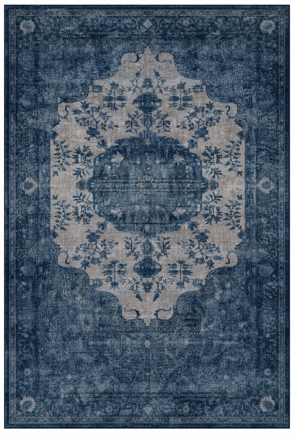 Drom Pamuk Dokuma Taban Kaymaz Şönil Makinede Yıkanabilir Lacivert Etnik Vintage  Salon Yatak Odası Mutfak Koridor Yolluk Halı