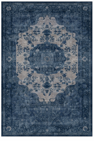 Drom Pamuk Dokuma Taban Kaymaz Şönil Makinede Yıkanabilir Lacivert Etnik Vintage  Salon Yatak Odası Mutfak Koridor Yolluk Halı