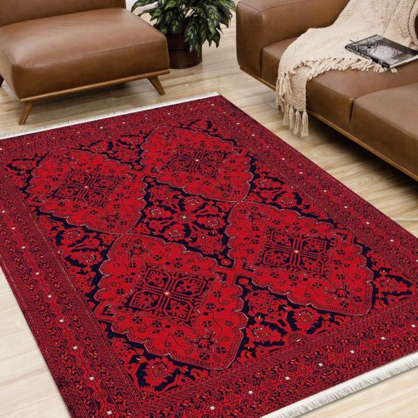 Halımax Dara 396 Yıkanabilir Kaymaz Dokuma Tabanlı Kırmızı Afgan Desenli Modern Halı 80x150