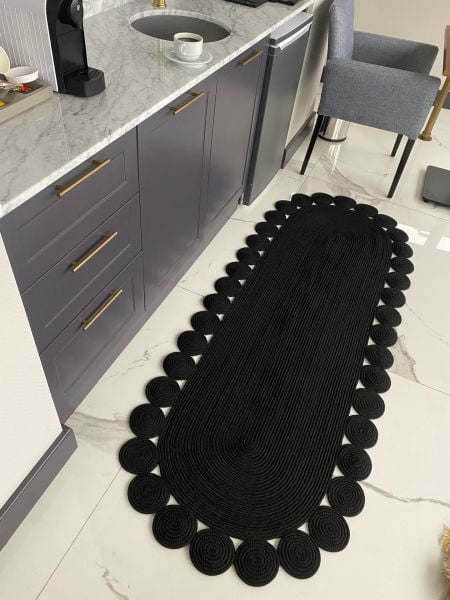 Milda 76 Jüt Hasırlı El Örgüsü Kilim Siyah Çift Taraflı Jüt Halı Koridor Mutfak Banyo Halısı Jüt Yolluk