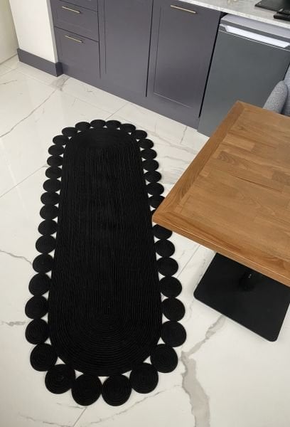 Milda 76 Jüt Hasırlı El Örgüsü Kilim Siyah Çift Taraflı Jüt Halı Koridor Mutfak Banyo Halısı Jüt Yolluk