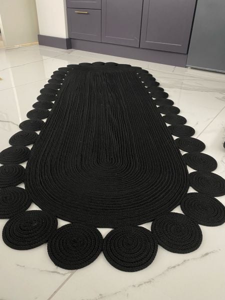 Milda 76 Jüt Hasırlı El Örgüsü Kilim Siyah Çift Taraflı Jüt Halı Koridor Mutfak Banyo Halısı Jüt Yolluk