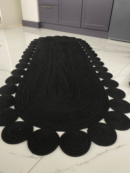 Milda 76 Jüt Hasırlı El Örgüsü Kilim Siyah Çift Taraflı Jüt Halı Koridor Mutfak Banyo Halısı Jüt Yolluk