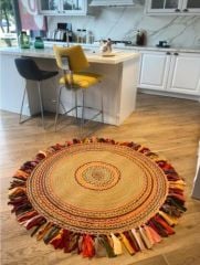 Milda 15 Hasırlı El Örgüsü Çift Taraflı Jüt Kilim Yuvarlak Renkli Püsküllü Jüt Halı 120x120