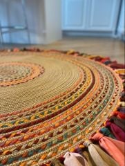 Milda 15 Hasırlı El Örgüsü Çift Taraflı Jüt Kilim Yuvarlak Renkli Püsküllü Jüt Halı 120x120