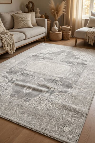Drom Pamuk Dokuma Taban Kaymaz Şönil Makinede Yıkanabilir Soft Gri Bej Vintage Salon Yatak Odası Mutfak Koridor Yolluk Halı