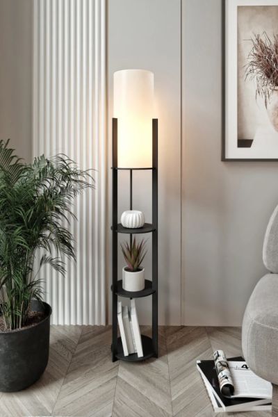 Messer Radiante Crop Siyah Raflı Modern Lambader Ayaklı Dekoratif Abajur Modern Aydınlatma