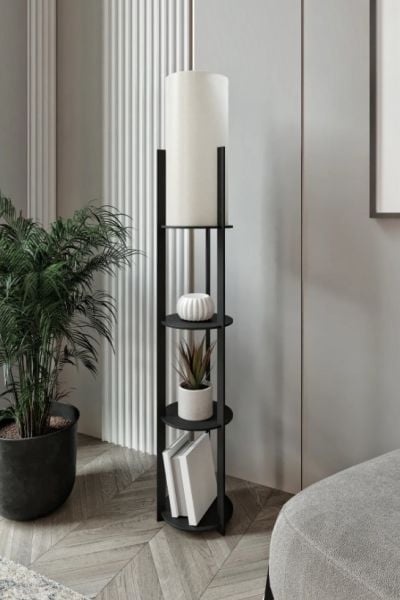 Messer Radiante Crop Siyah Raflı Modern Lambader Ayaklı Dekoratif Abajur Modern Aydınlatma