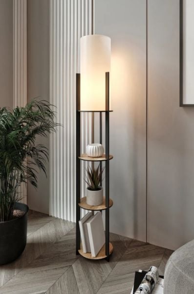 Messer Radiante Crop Meşe Raflı Modern Lambader Ayaklı Dekoratif Abajur Modern Aydınlatma