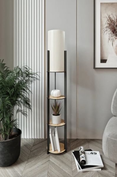 Messer Radiante Crop Meşe Raflı Modern Lambader Ayaklı Dekoratif Abajur Modern Aydınlatma