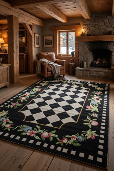 Drom Pamuk Dokuma Taban Kaymaz Şönil Makinede Yıkanabilir Siyah Beyaz Damalı Salon Yatak Odası Mutfak Koridor Yolluk Halı