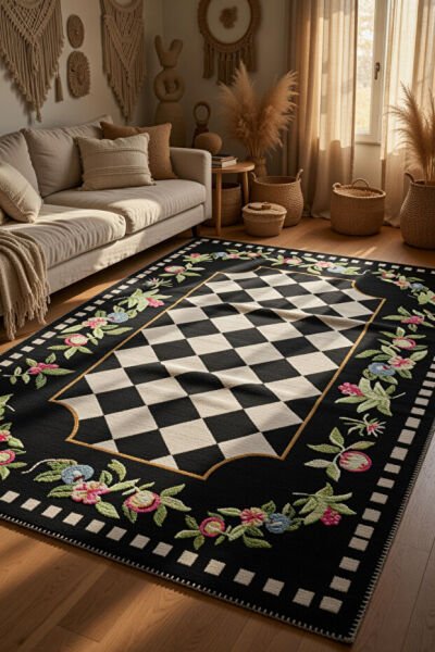 Drom Pamuk Dokuma Taban Kaymaz Şönil Makinede Yıkanabilir Siyah Beyaz Damalı Salon Yatak Odası Mutfak Koridor Yolluk Halı