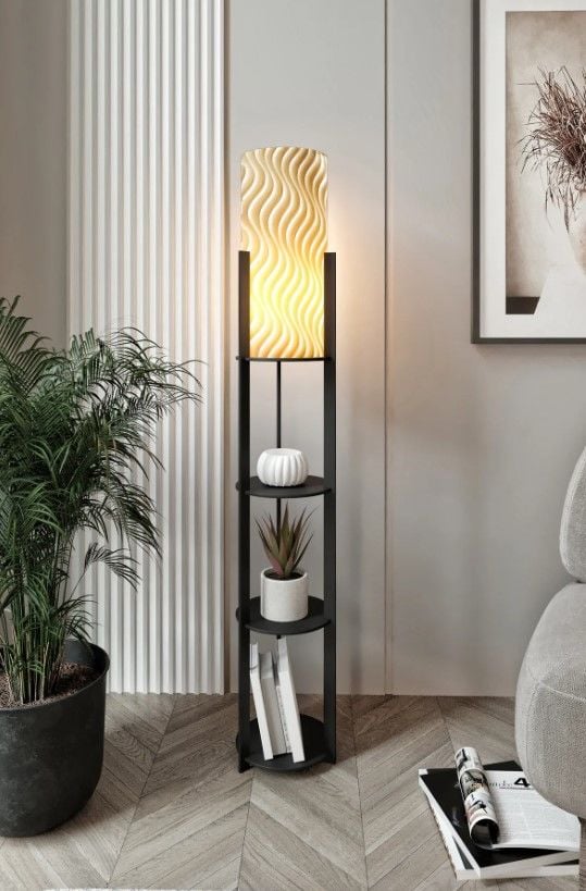 Messer Radiante Sun Siyah Raflı Modern Lambader Ayaklı Dekoratif Abajur Modern Aydınlatma