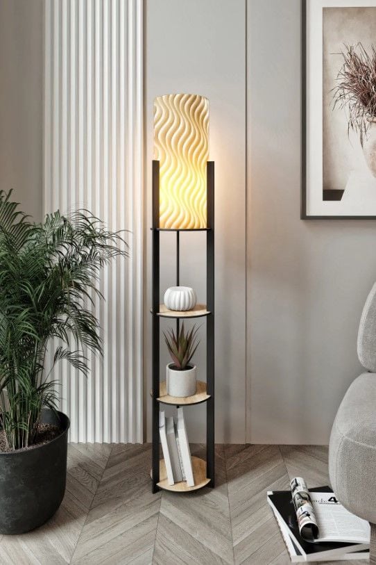 Messer Radiante Sun Meşe Raflı Modern Lambader Ayaklı Dekoratif Abajur Modern Aydınlatma