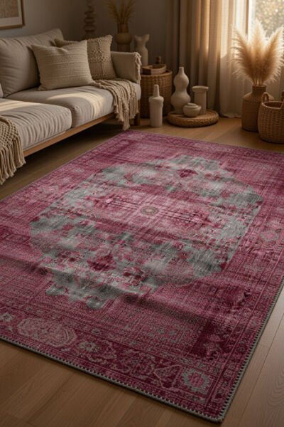 Drom Pamuk Dokuma Taban Kaymaz Şönil Makinede YıkanabilirBordo Gri Eskitme Salon Yatak Odası Mutfak Koridor Yolluk Halı