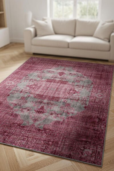 Drom Pamuk Dokuma Taban Kaymaz Şönil Makinede YıkanabilirBordo Gri Eskitme Salon Yatak Odası Mutfak Koridor Yolluk Halı