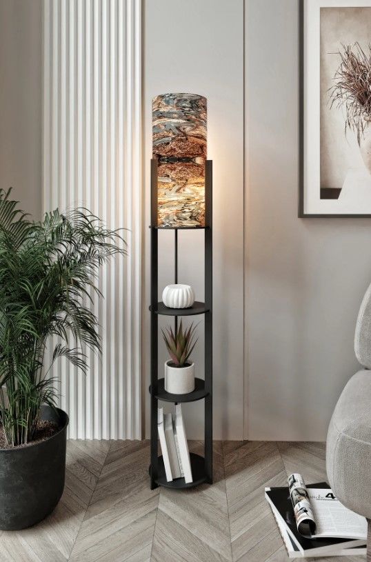 Messer Mist Siyah Raflı Modern Lambader Ayaklı Dekoratif Abajur Modern Aydınlatma