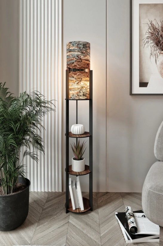 Messer Mist Kahve Raflı Modern Lambader Ayaklı Dekoratif Abajur Modern Aydınlatma