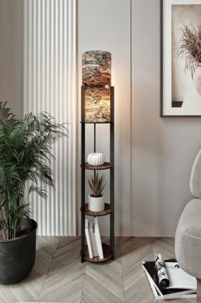 Messer Mist Kahve Raflı Modern Lambader Ayaklı Dekoratif Abajur Modern Aydınlatma