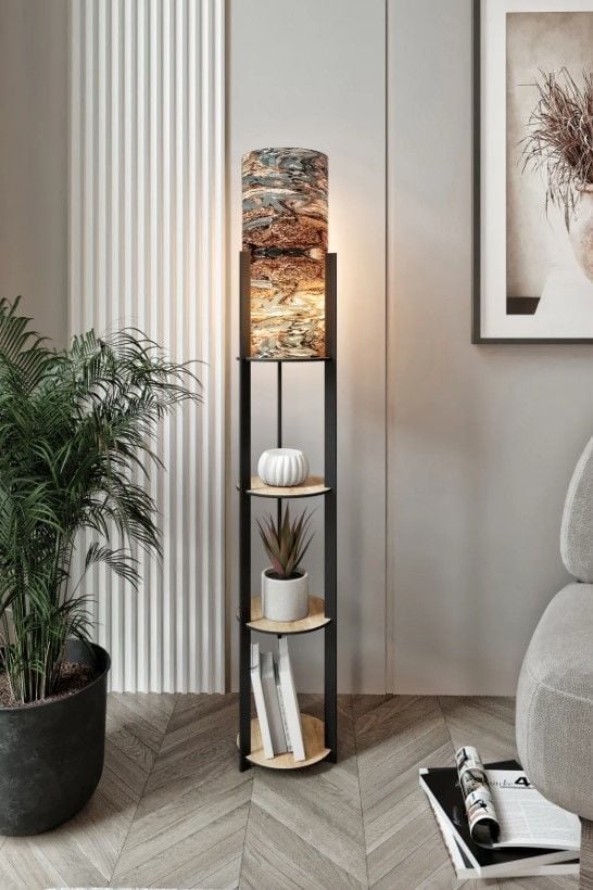 Messer Mist Meşe Raflı Modern Lambader Ayaklı Dekoratif Abajur Modern Aydınlatma