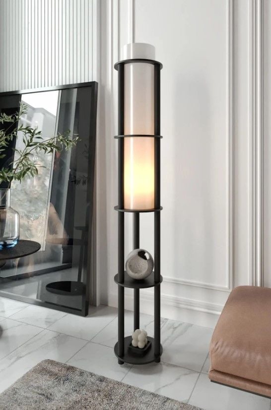 Messer Dor Siyah Raflı Modern Lambader Ayaklı Dekoratif Abajur Modern Aydınlatma