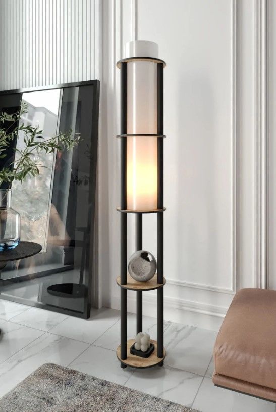 Messer Dor Meşe Raflı Modern Lambader Ayaklı Dekoratif Abajur Modern Aydınlatma