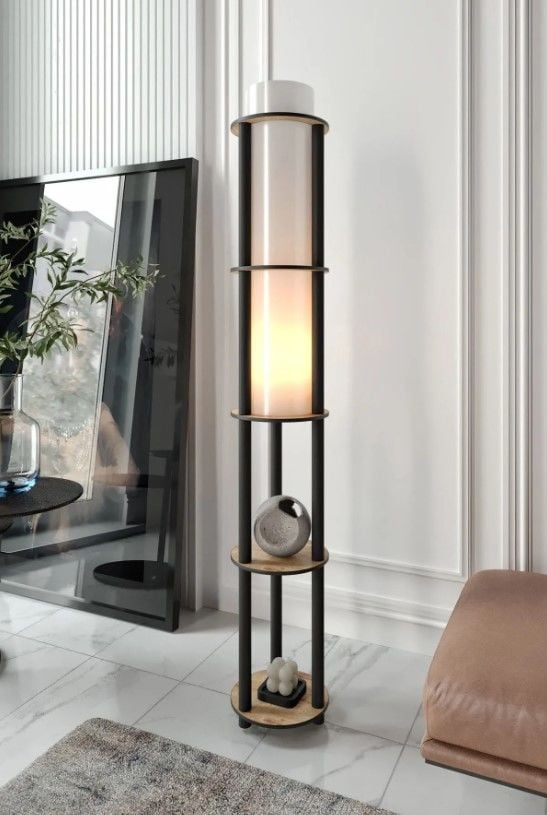 Messer Dor Meşe Raflı Modern Lambader Ayaklı Dekoratif Abajur Modern Aydınlatma