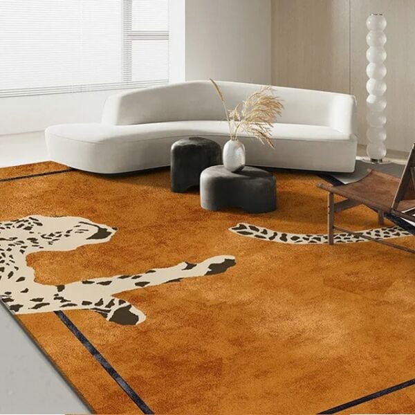 Drom Pamuk Dokuma Taban Makinede Yıkanabilen Kilim Kaymaz Şönil  Leopar Desenli Turuncu Halı
