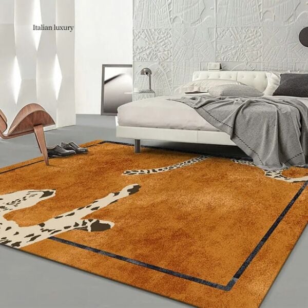 Drom Pamuk Dokuma Taban Makinede Yıkanabilen Kilim Kaymaz Şönil  Leopar Desenli Turuncu Halı